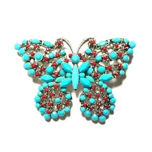 Turquoise & Coral Look Butterfly Brooch Pin Silver